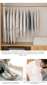 Detail of translucent frosted PEVA garment bag with top hook opening and zipper closure