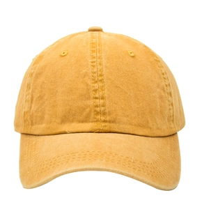 Front view of a mustard yellow washed cotton ponytail baseball cap with visible stitching