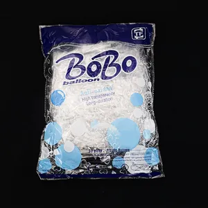 Detail of 36-inch transparent Bobo balloons in original 10-piece industrial packaging