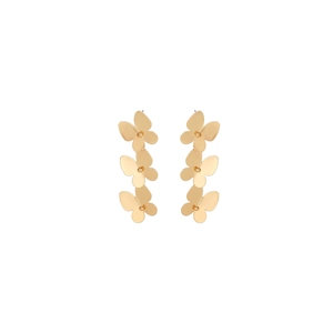 Detailed view of triple gold butterfly drop earrings with polished metallic finish