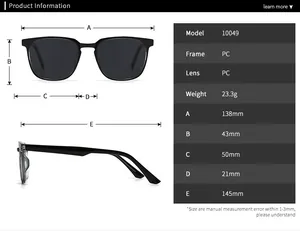 Tableau des tailles détaillé pour lunettes de soleil rétro montrant dimensions et poids