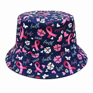 Chapeau Bob Ruban Rose Sensibilisation Cancer Du Sein Polyester Imprimé Papillon Fleur Protection Solaire Été