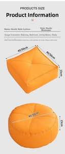 Size chart for Nordic futon floor cushions showing square and round dimensions and thickness