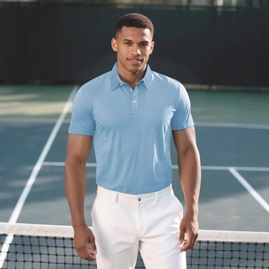 Short sleeve light blue men's polo shirt with breathable mesh texture in outdoor setting