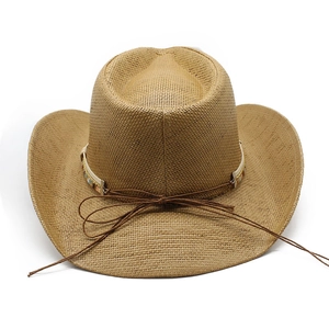 Classic straw western cowboy hat with colorful beaded band and pinched crown