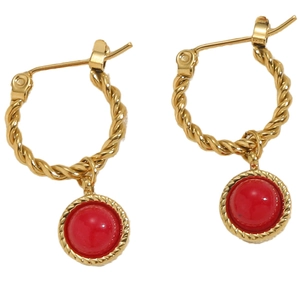 Twisted gold titanium steel earrings with round red turquoise pendants in vintage style