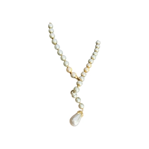 French vintage Y-shape pearl necklace with diamond-set waterdrop pendant on white background