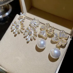 Flower Artificial Pearl Drop Earrings With Silver Earring Post Cubic Zirconia Enamel Floral Vintage Elegant Jewelry For Women