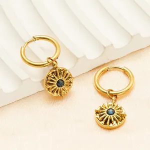 Elegant 18K gold plated stainless steel sunburst earrings with blue zircon gemstone