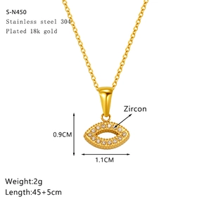 Detail of 18k gold plated stainless steel zircon eye pendant with 45+5cm chain size