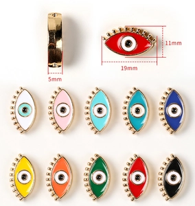 Detailed size specifications for alloy evil eye charms in ten vibrant assorted colors