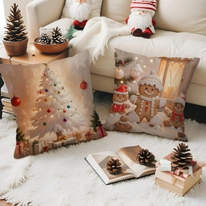 Detailed view of Christmas pillow covers featuring gingerbread and tree motifs on a sofa