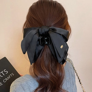 Oversized Satin Bow Hair Claw Clip For Women Elegant French Style Large Fabric Shark Clip With Gold Metal Detail