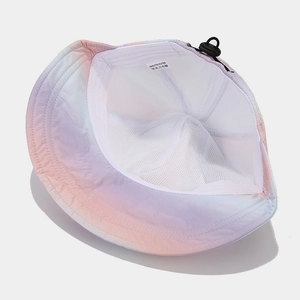 Rainbow tie-dye bucket hat with breathable mesh lining and adjustable windproof cord