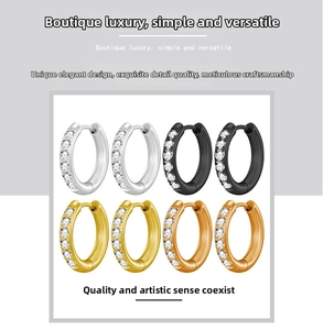 Detail view of cz-inlaid stainless steel hoop earrings in silver, gold, black, and rose gold