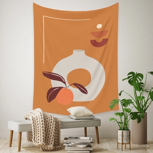 Detail of Bohemian abstract tapestry with minimalist orange and floral art pattern