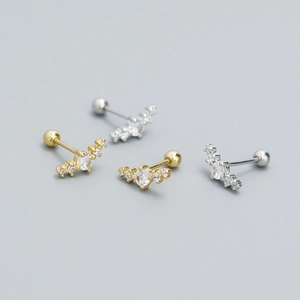 925 Sterling Silver Stud Earrings Zircon Curved Bar Geometric Screw Ball Back Piercing Minimalist Elegant Women Jewelry