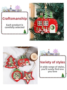 Detail of wooden Christmas ornaments featuring Santa, reindeer, and festive icons