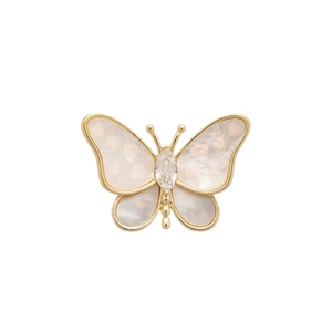Elegant 14K gold plated butterfly brooch with white mother of pearl and cubic zirconia