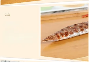 Macro shot of realistic grilled saury model showing charred skin texture on wooden tray
