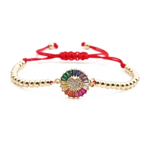 Ethnic gold heart bracelet with rainbow zircon sunflower and adjustable red woven strap