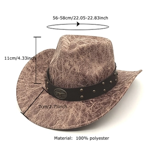 Vintage brown faux leather cowboy hat with bull head ornament and cracked texture finish