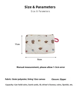 Quilted cartoon mini pouch size 11x16cm with zipper for cards, coins and lipstick storage