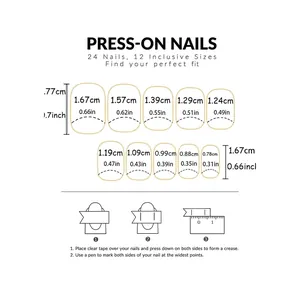 Press-on nail set with 24 candy-colored oval pieces showing size and measurement guide