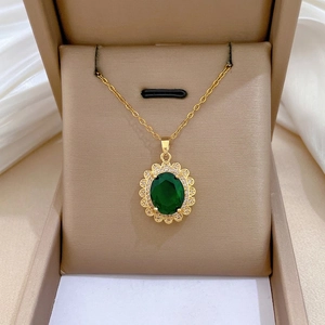 Collana Con Ciondolo In Gemma Verde Ovale Vintage Catena In Acciaio Inossidabile Rame Zircone Gioielli Di Lusso Per Donne