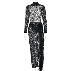 Sexy black lace two-piece set featuring long sleeve sheer top and side slit maxi skirt