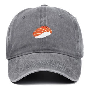 Vintage washed charcoal grey baseball cap with colorful salmon sushi embroidery