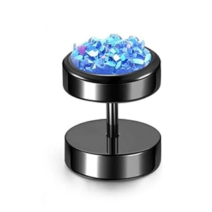 Detail of dumbbell stud earring featuring black polished metal and blue crystal inlay