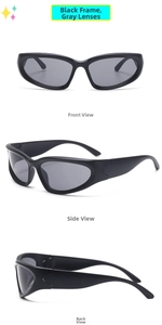 Three-way view of kids sports oval sunglasses featuring black frames and grey lenses