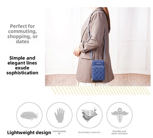 Blue quilted cell phone crossbody bag with adjustable strap and diamond stitch pattern