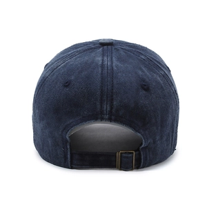 Washed vintage navy baseball cap with adjustable metal buckle shown from the back view