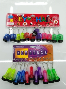 Macro display of colorful LED mini flashlight keychains on wholesale hanging cards