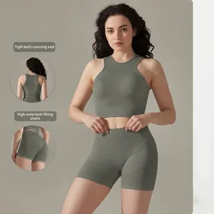 Damen Nahtlos Yoga-Set Gerippte Activewear Workout Outfits Für Fitness Gym Laufen Sport Top Und Hose