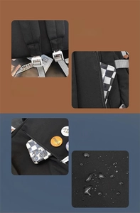 Detail view of water-resistant black nylon backpack with adjustable straps and hidden pocket