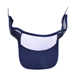 Detail of navy sun visor featuring white paneling and adjustable plastic strap buckle