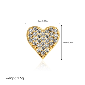 Detailed view of 18k gold heart stud earring with cubic zirconia and exact dimensions