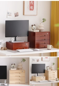 Detail of multi-layer solid wood desktop drawer organizer with walnut and natural finish