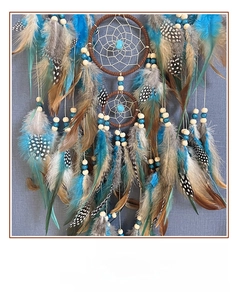 Detail of handmade Tree of Life dream catcher with turquoise beads and colorful feathers