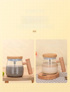 Detail of 400ml glass automatic stirring mug with wood grain handle and heating coaster
