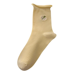 Creamy cotton crew socks with vintage lace ruffle edge and delicate floral embroidery