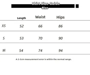 Detailed size chart for the pleated midi skirt showing measurements for XS, S, and M
