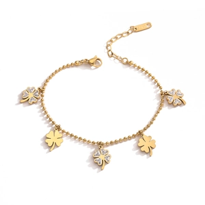 Gold-plated clover charm ball chain bracelet with sparkling pavé zircons and S.Steel finish