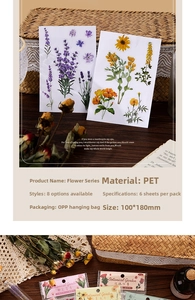 Detail of PET floral stickers with lavender and sunflower for DIY scrapbooking