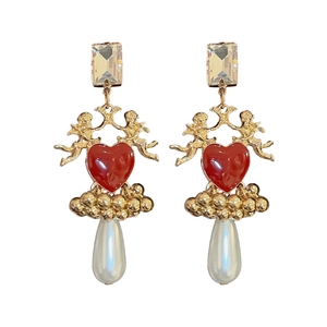 Vintage gold earrings with red heart, Cupid angels and hanging white pearls