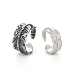 Adjustable angel feather open ring set in vintage oxidized and polished silver finish