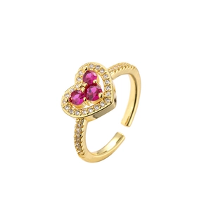 Squisito anello a cuore d'oro con pietre di zircone rosa e fascia regolabile da donna